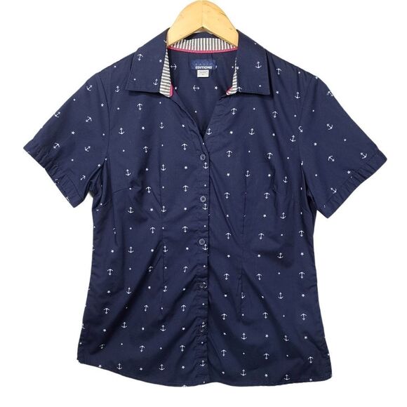 Basic Edition Blue Women's Button Down Anchor Top - Picture 1 of 10